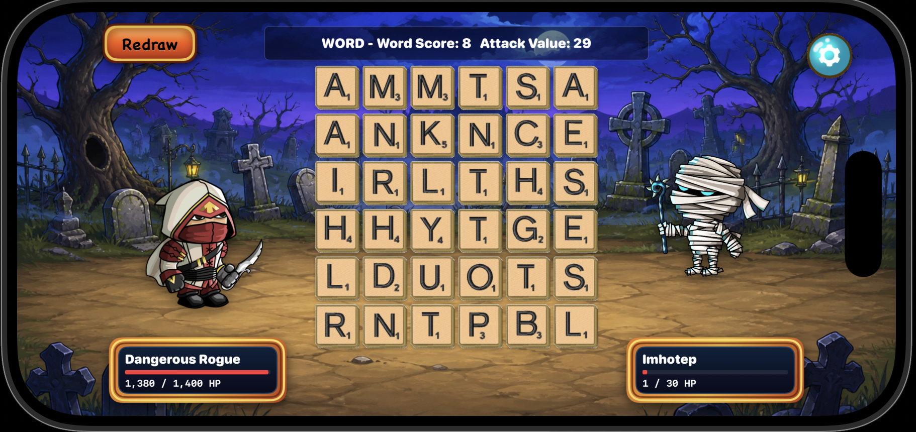 Words and Heroes gameplay with letter tiles and character battle panels